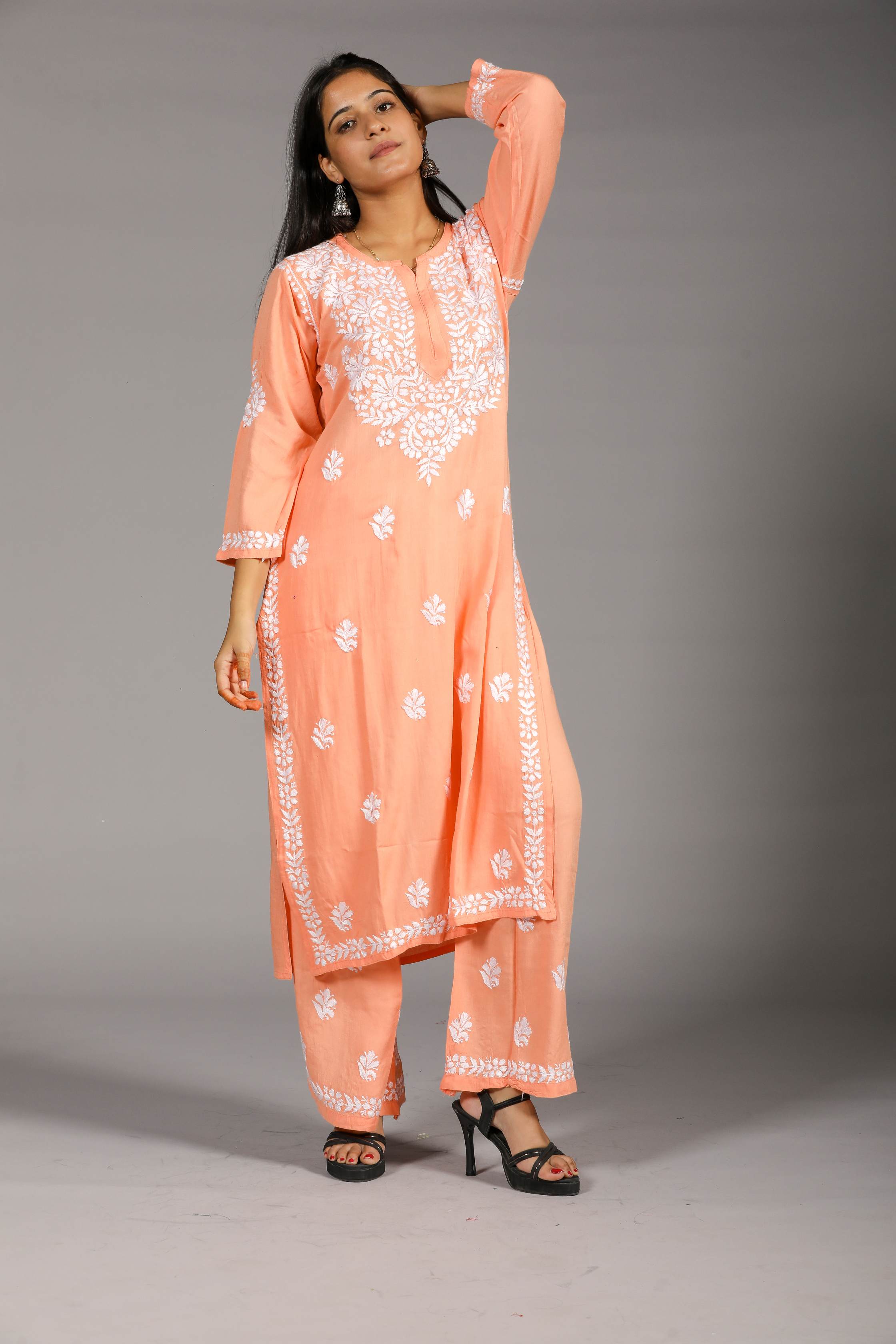 VAMI Rayon Kurti Palazzo set-Peach colour