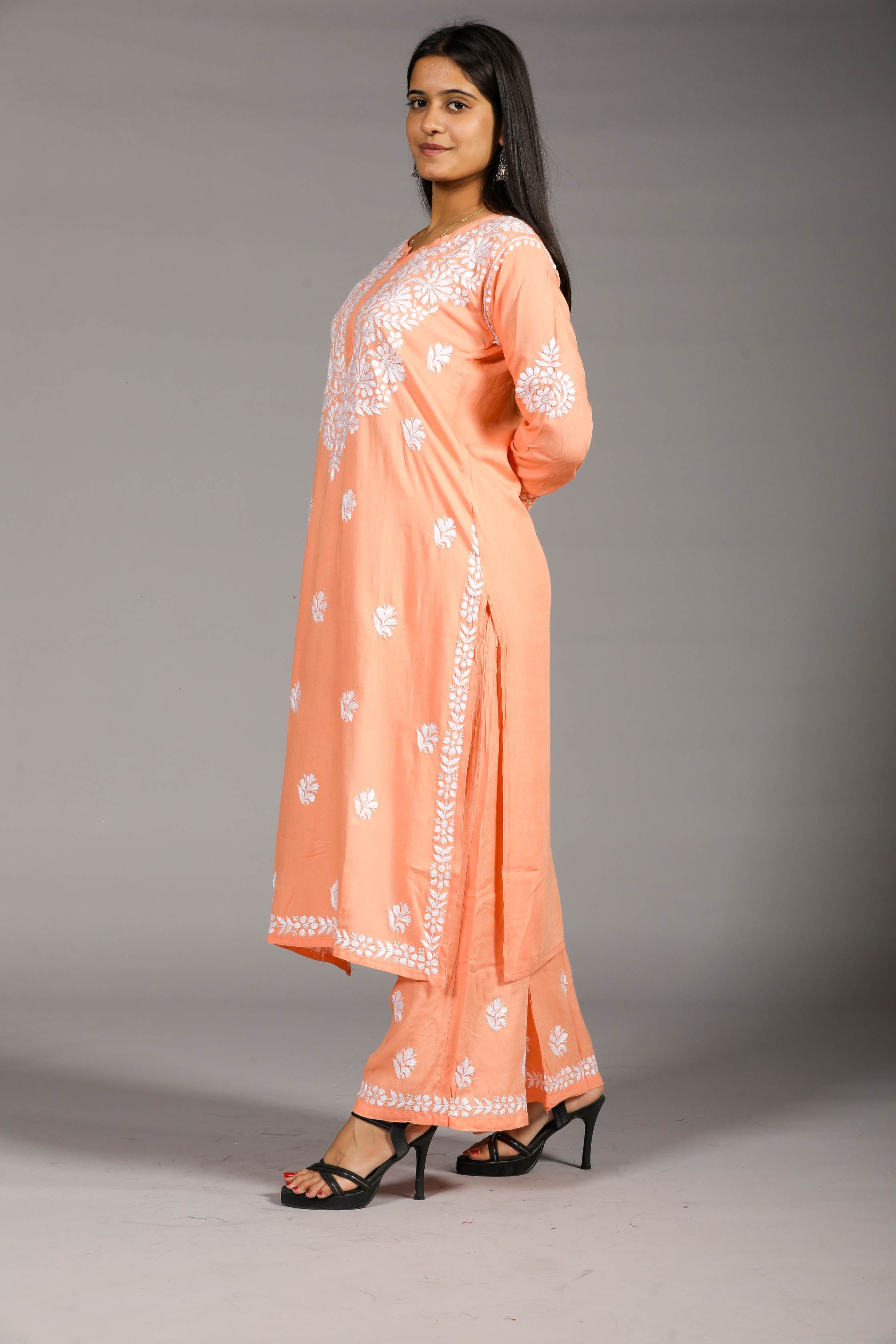 VAMI Rayon Kurti Palazzo set-Peach colour