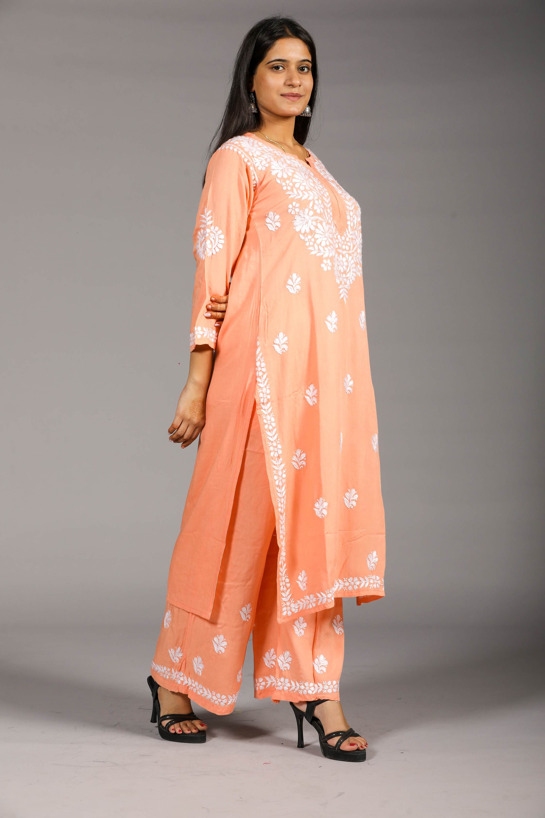 VAMI Rayon Kurti Palazzo set-Peach colour