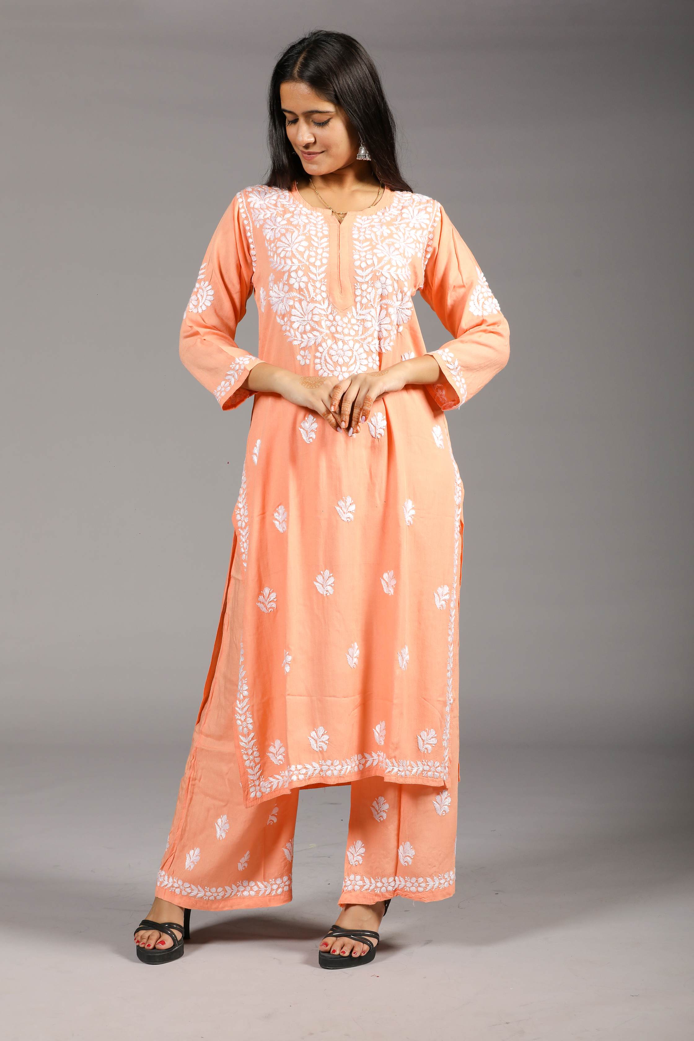 VAMI Rayon Kurti Palazzo set-Peach colour