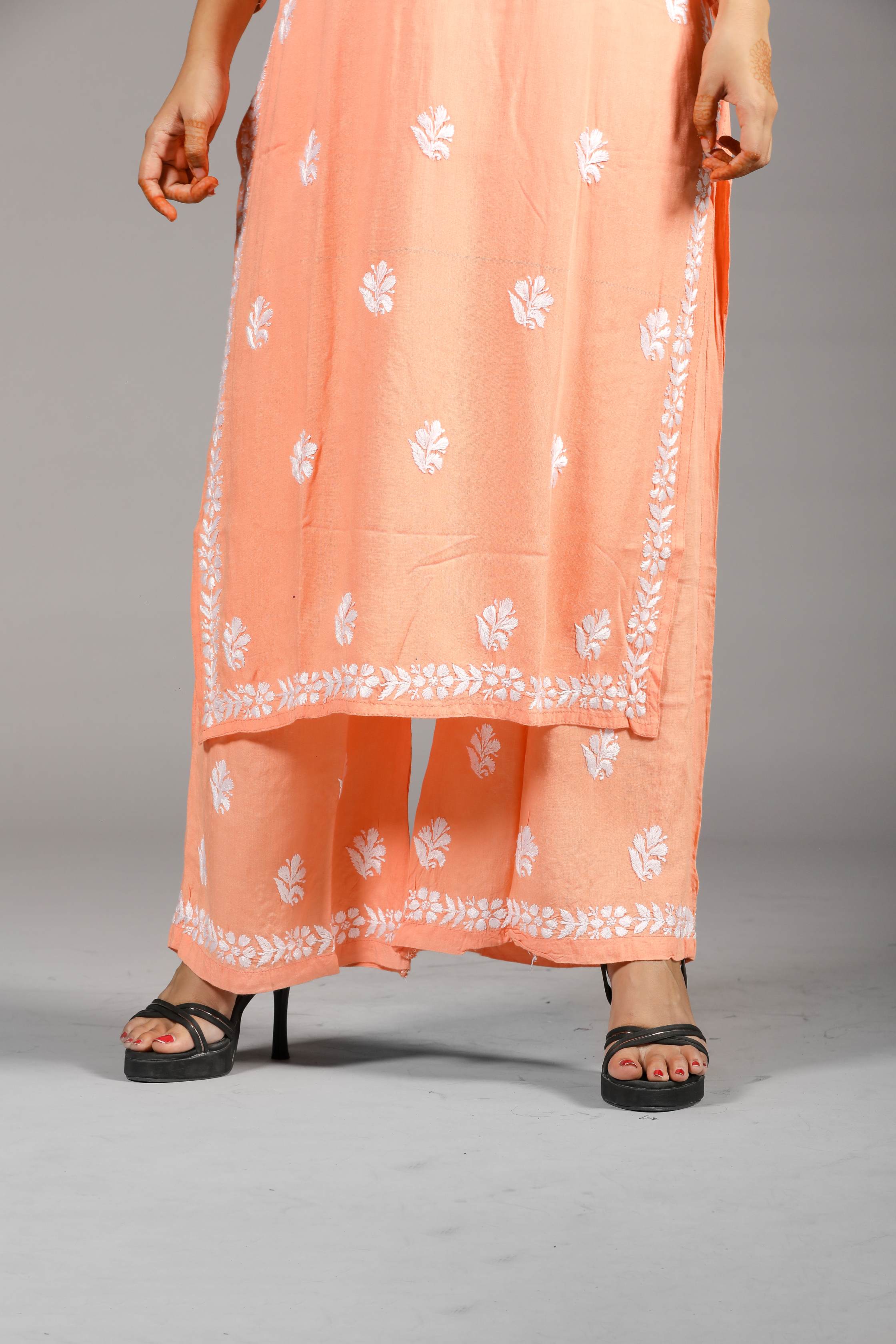 VAMI Rayon Kurti Palazzo set-Peach colour
